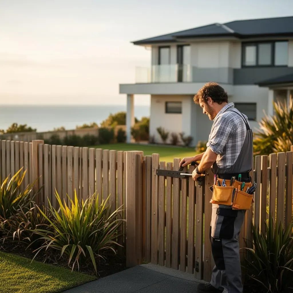 Local handyman repairing a residential timber gate on the North Shore of Auckland